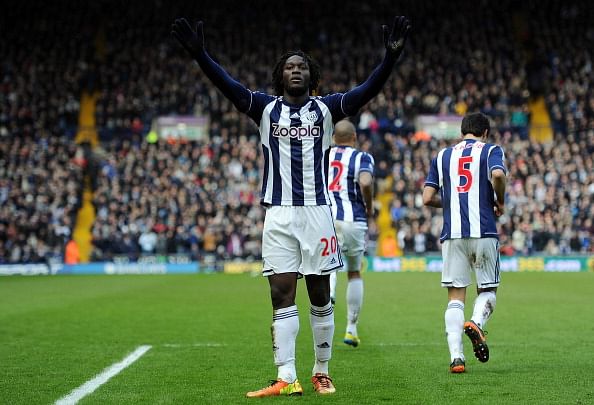 WEST BROMWICH, ENGLAND - FEBRUARY 23: Romelu Lukaku of West Bromwich Albion celebrates scoring the opening goal during the Barclays Premier League match between West Bromwich Albion and Sunderland